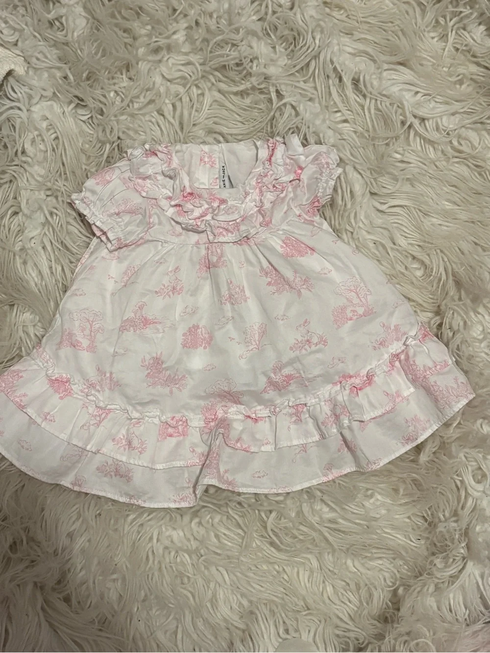 Janie and Jack Baby Bunny Toile Ruffle Dress Pink 3-6M